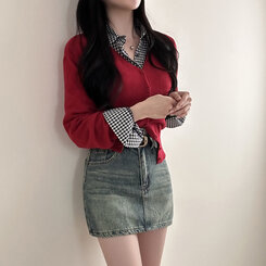 Vネックルーズフィット長袖カーディガン(7color) red