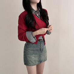 Vネックルーズフィット長袖カーディガン(7color) red