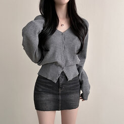 Vネックルーズフィット長袖カーディガン(7color) DARK GRAY