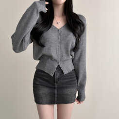 Vネックルーズフィット長袖カーディガン(7color) DARK GRAY