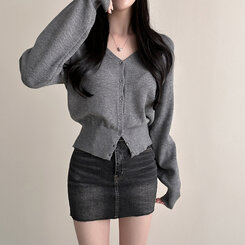 Vネックルーズフィット長袖カーディガン(7color) DARK GRAY