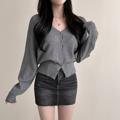 Vネックルーズフィット長袖カーディガン(7color) DARK GRAY