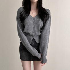 Vネックルーズフィット長袖カーディガン(7color) DARK GRAY