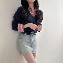 Vネックルーズフィット長袖カーディガン(7color) NAVY