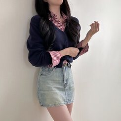 Vネックルーズフィット長袖カーディガン(7color) NAVY