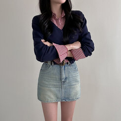 Vネックルーズフィット長袖カーディガン(7color) NAVY