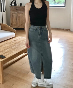 ベリードデニムスリットAラインスカート DENIM