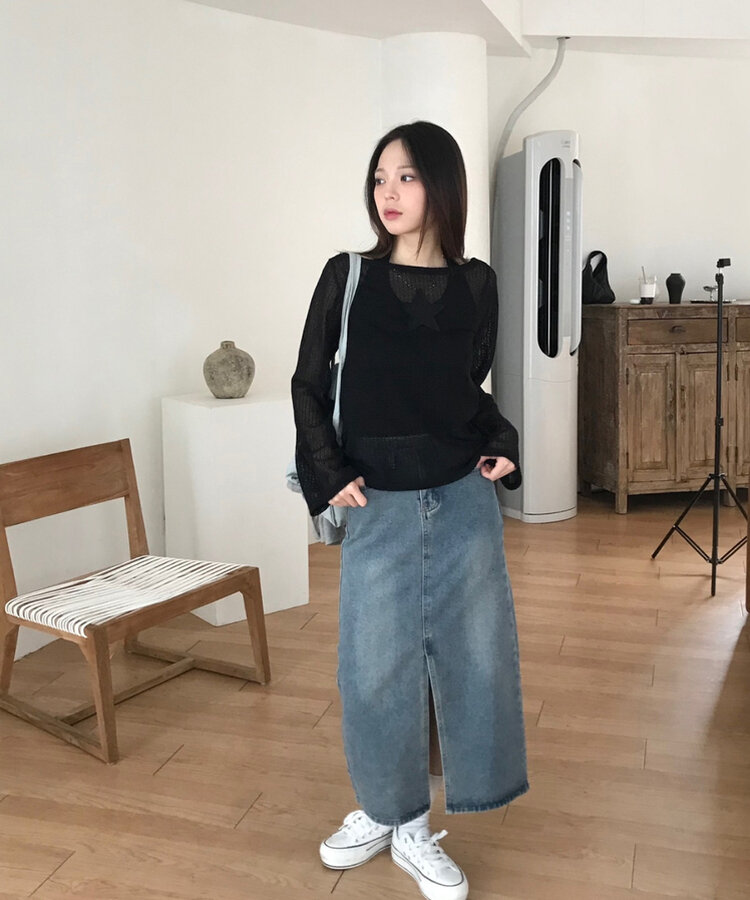 ベリードデニムスリットAラインスカート DENIM