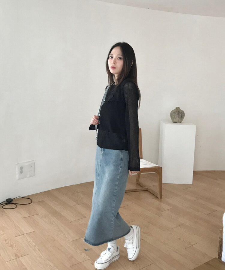 ベリードデニムスリットAラインスカート DENIM