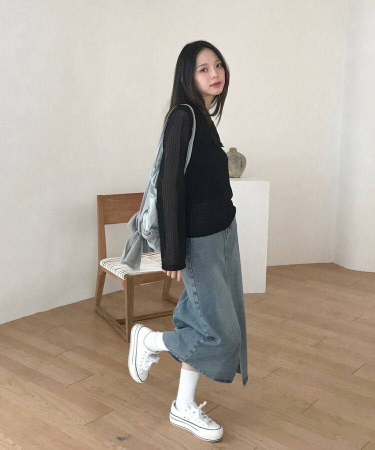 ベリードデニムスリットAラインスカート DENIM