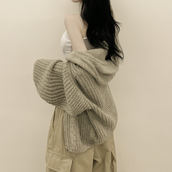 도톰 따뜻 아방핏 꽈배기 케이블 오버핏 니트 벌룬 후드집업 겨울가디건 진베이지
