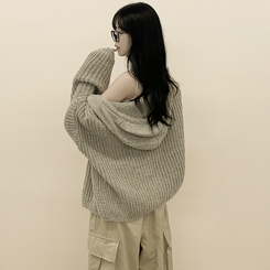 도톰 따뜻 아방핏 꽈배기 케이블 오버핏 니트 벌룬 후드집업 겨울가디건 진베이지