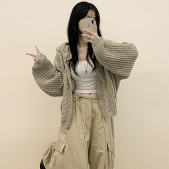 도톰 따뜻 아방핏 꽈배기 케이블 오버핏 니트 벌룬 후드집업 겨울가디건 진베이지