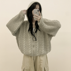 도톰 따뜻 아방핏 꽈배기 케이블 오버핏 니트 벌룬 후드집업 겨울가디건 진베이지