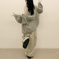 도톰 따뜻 아방핏 꽈배기 케이블 오버핏 니트 벌룬 후드집업 겨울가디건 진베이지