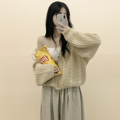 도톰 따뜻 아방핏 꽈배기 케이블 오버핏 니트 벌룬 후드집업 겨울가디건 연베이지