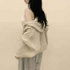 도톰 따뜻 아방핏 꽈배기 케이블 오버핏 니트 벌룬 후드집업 겨울가디건 연베이지