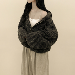 도톰 따뜻 아방핏 꽈배기 케이블 오버핏 니트 벌룬 후드집업 겨울가디건 먹색