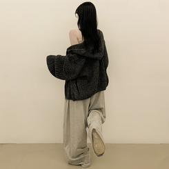 도톰 따뜻 아방핏 꽈배기 케이블 오버핏 니트 벌룬 후드집업 겨울가디건 먹색