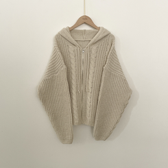 도톰 따뜻 아방핏 꽈배기 케이블 오버핏 니트 벌룬 후드집업 겨울가디건