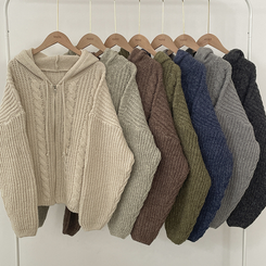 도톰 따뜻 아방핏 꽈배기 케이블 오버핏 니트 벌룬 후드집업 겨울가디건