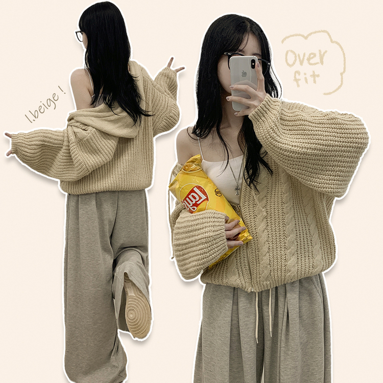 도톰 따뜻 아방핏 꽈배기 케이블 오버핏 니트 벌룬 후드집업 겨울가디건 진베이지