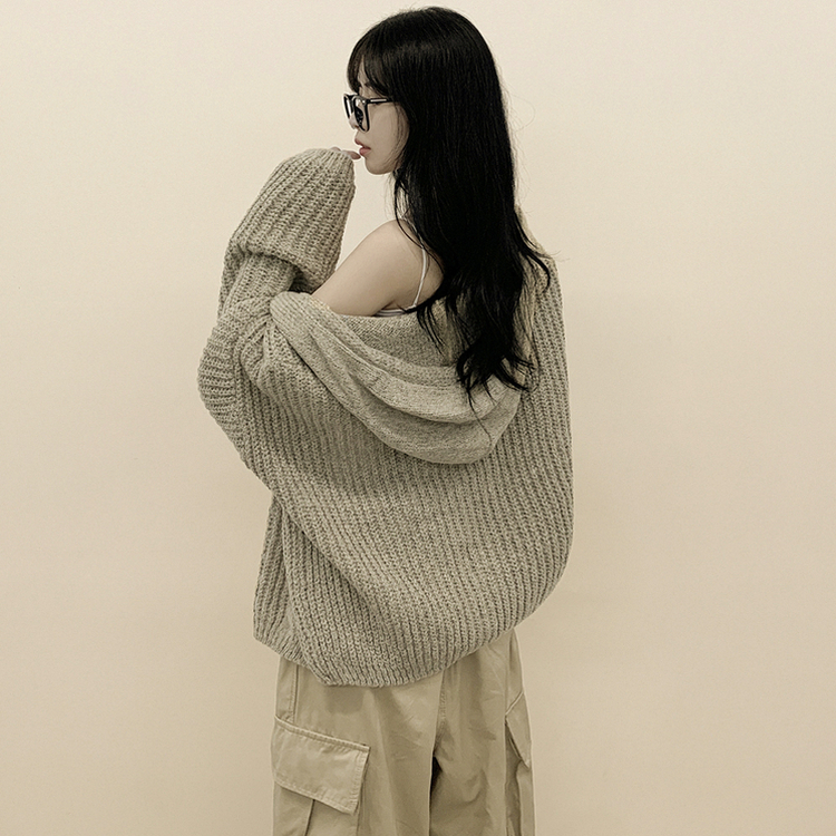 도톰 따뜻 아방핏 꽈배기 케이블 오버핏 니트 벌룬 후드집업 겨울가디건 진베이지