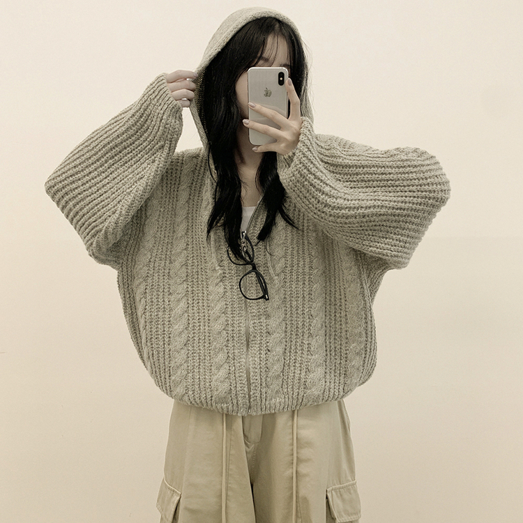 도톰 따뜻 아방핏 꽈배기 케이블 오버핏 니트 벌룬 후드집업 겨울가디건 진베이지