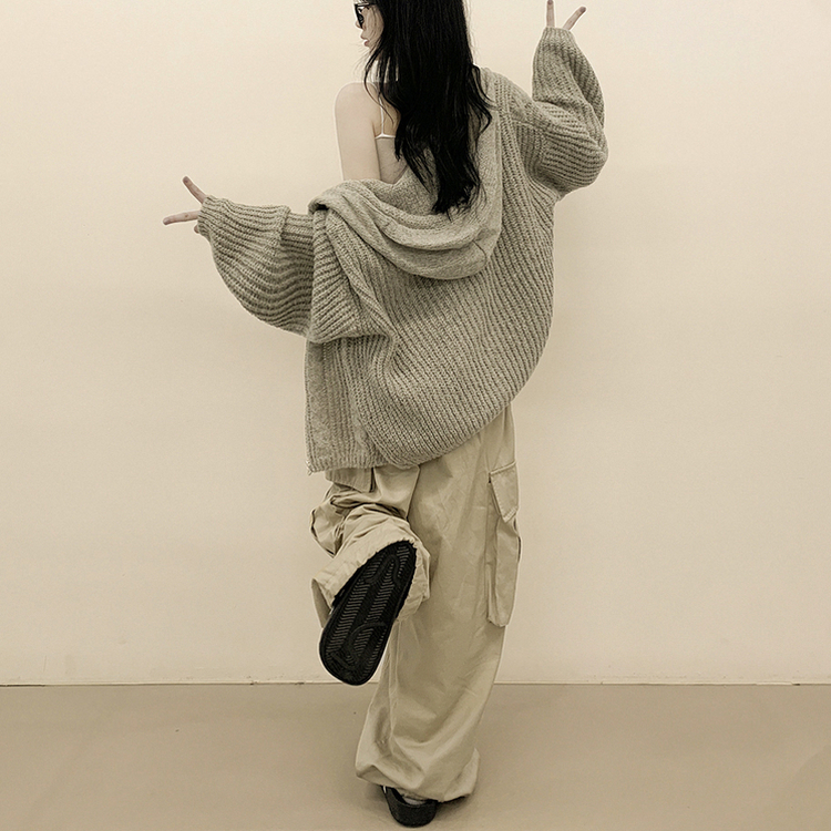 도톰 따뜻 아방핏 꽈배기 케이블 오버핏 니트 벌룬 후드집업 겨울가디건 진베이지