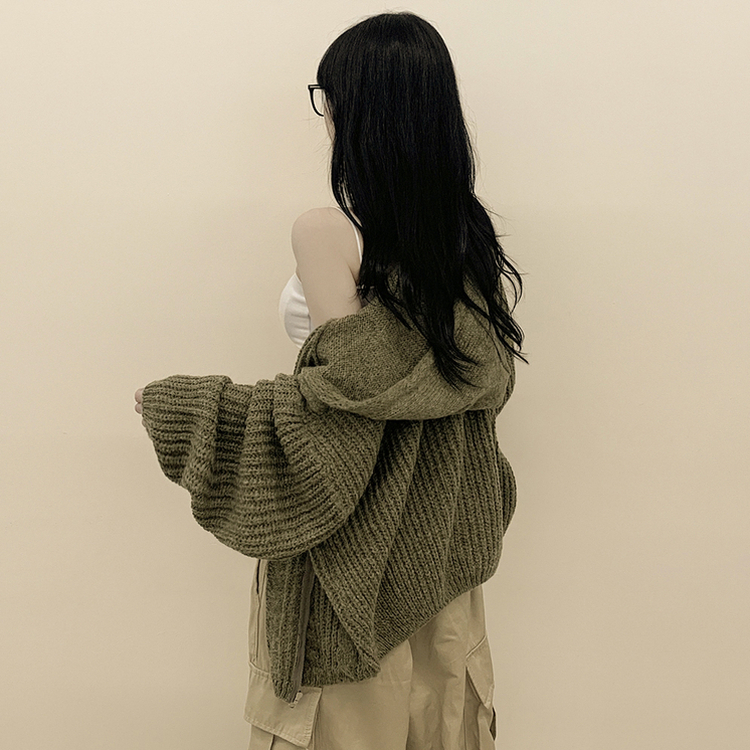 도톰 따뜻 아방핏 꽈배기 케이블 오버핏 니트 벌룬 후드집업 겨울가디건 카키