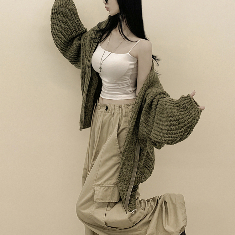 도톰 따뜻 아방핏 꽈배기 케이블 오버핏 니트 벌룬 후드집업 겨울가디건 카키