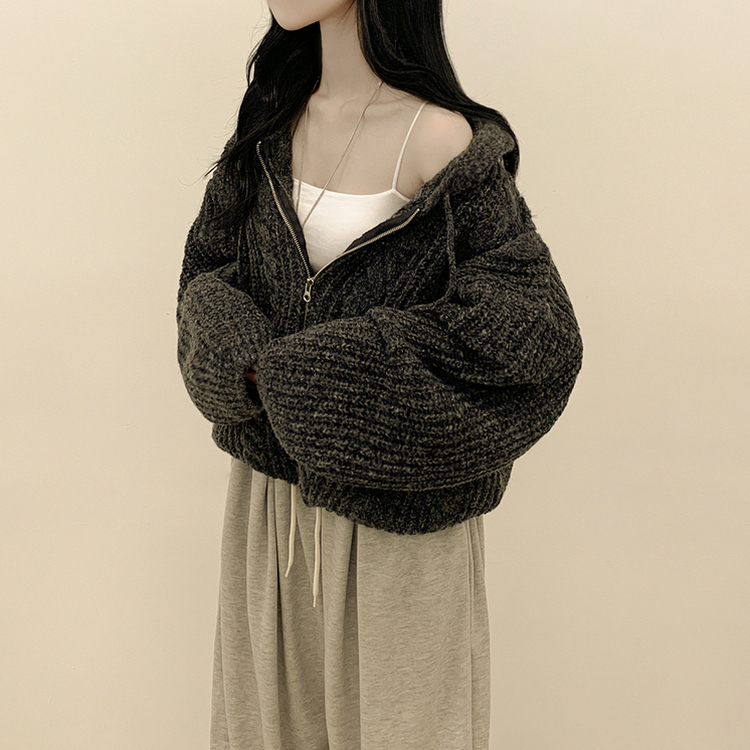 도톰 따뜻 아방핏 꽈배기 케이블 오버핏 니트 벌룬 후드집업 겨울가디건 먹색