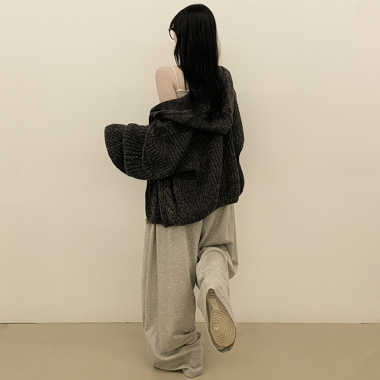 도톰 따뜻 아방핏 꽈배기 케이블 오버핏 니트 벌룬 후드집업 겨울가디건 먹색