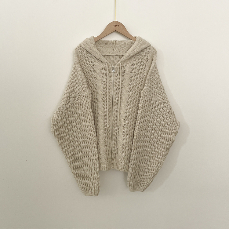 도톰 따뜻 아방핏 꽈배기 케이블 오버핏 니트 벌룬 후드집업 겨울가디건