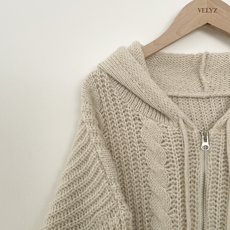 도톰 따뜻 아방핏 꽈배기 케이블 오버핏 니트 벌룬 후드집업 겨울가디건