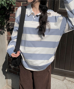 カラーポイントストライプ長袖Tシャツ(6color) SKY BLUE