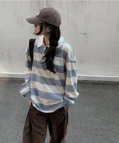 カラーポイントストライプ長袖Tシャツ(6color) SKY BLUE