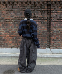 カラーポイントストライプ長袖Tシャツ(6color) NAVY