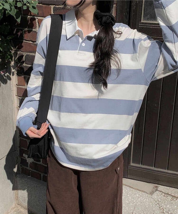 カラーポイントストライプ長袖Tシャツ(6color) SKY BLUE