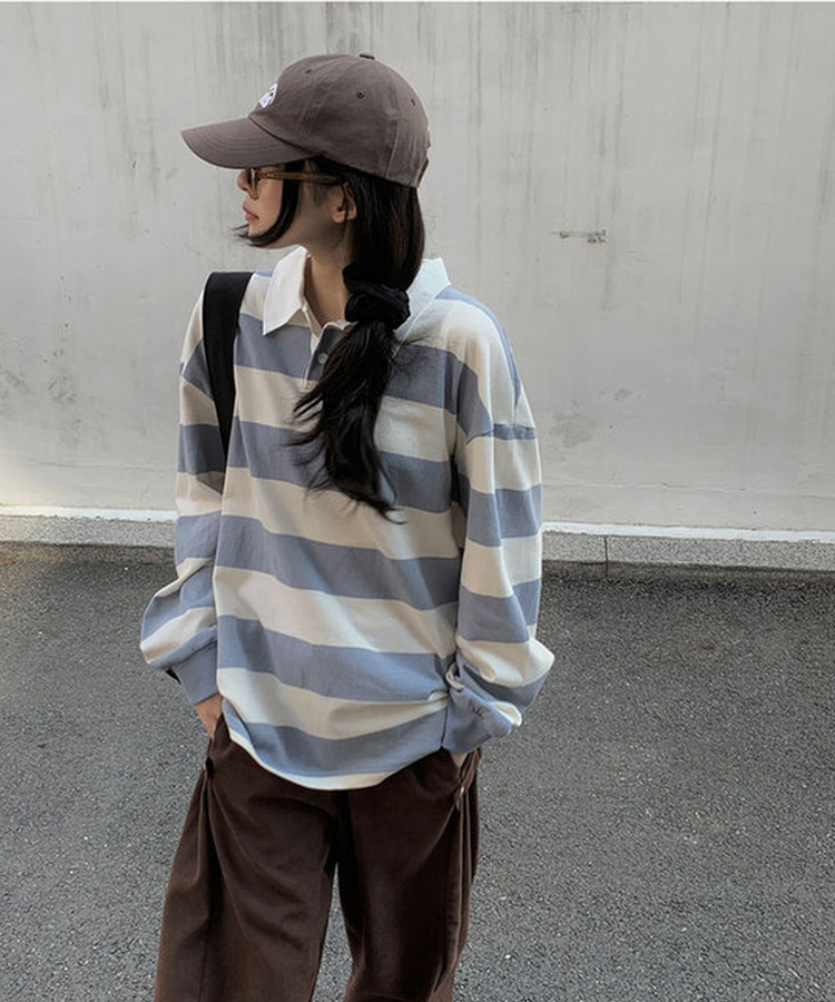 カラーポイントストライプ長袖Tシャツ(6color) SKY BLUE