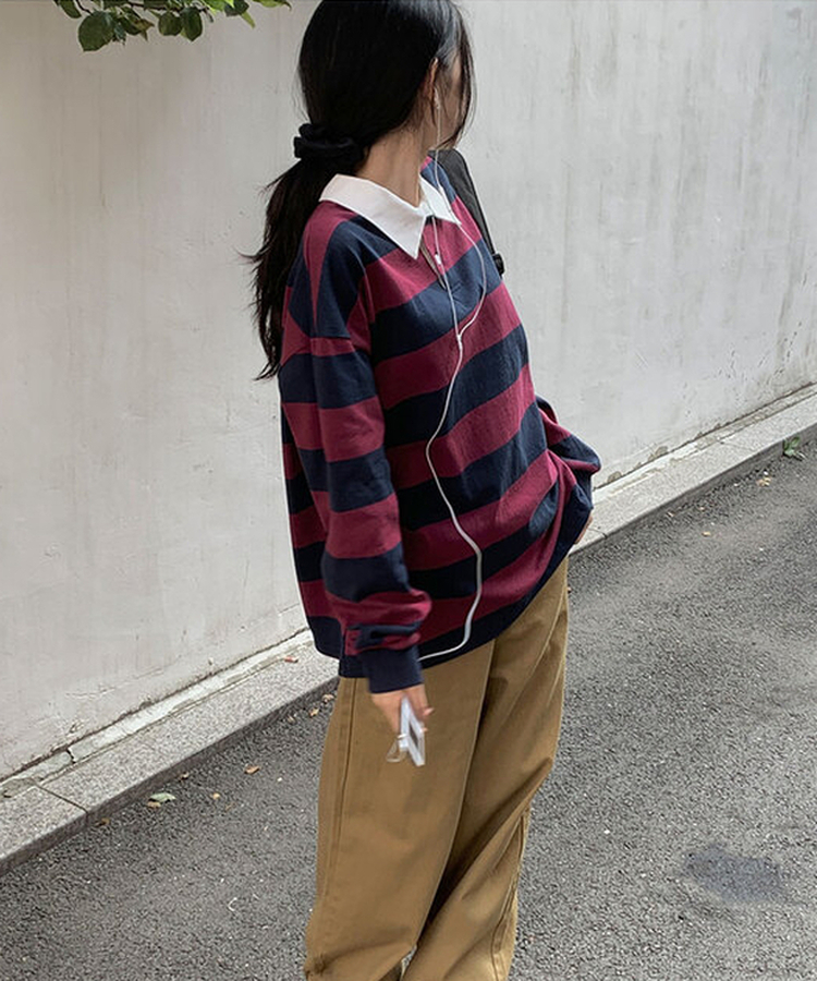 カラーポイントストライプ長袖Tシャツ(6color) WINE