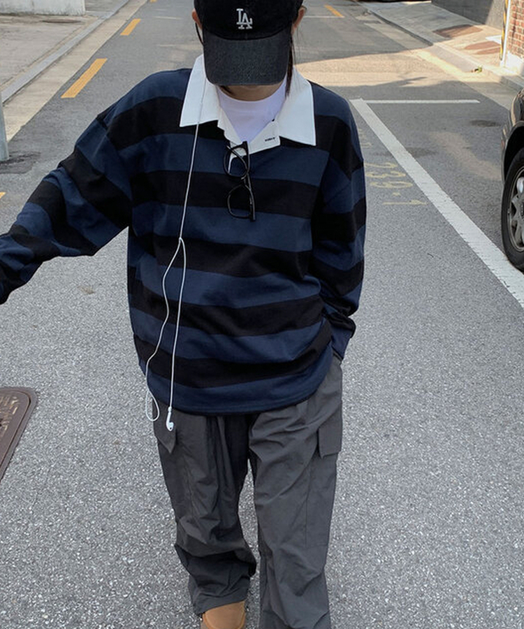 カラーポイントストライプ長袖Tシャツ(6color) NAVY