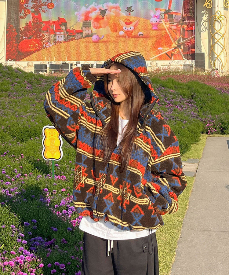 노르딕 후리스 오버핏 벌룬 패턴 스트링 후드 집업