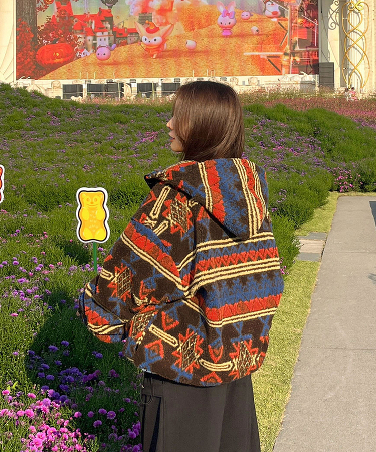 노르딕 후리스 오버핏 벌룬 패턴 스트링 후드 집업