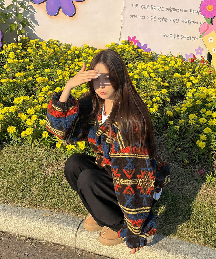 노르딕 후리스 오버핏 벌룬 패턴 스트링 후드 집업