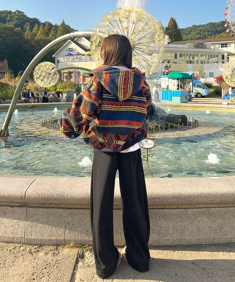 노르딕 후리스 오버핏 벌룬 패턴 스트링 후드 집업