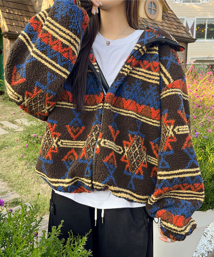 노르딕 후리스 오버핏 벌룬 패턴 스트링 후드 집업