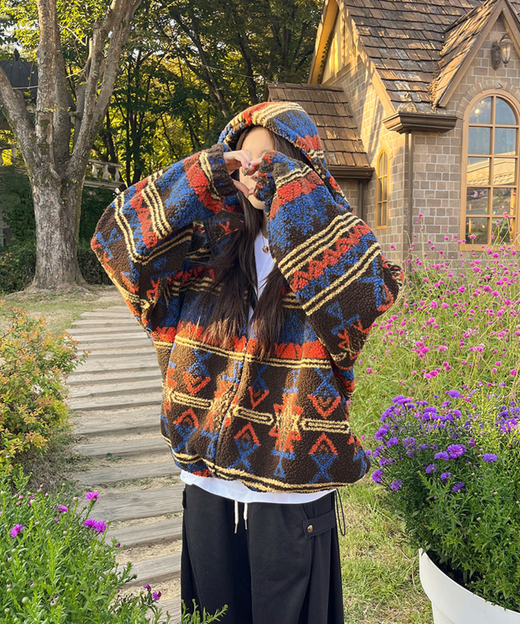 노르딕 후리스 오버핏 벌룬 패턴 스트링 후드 집업