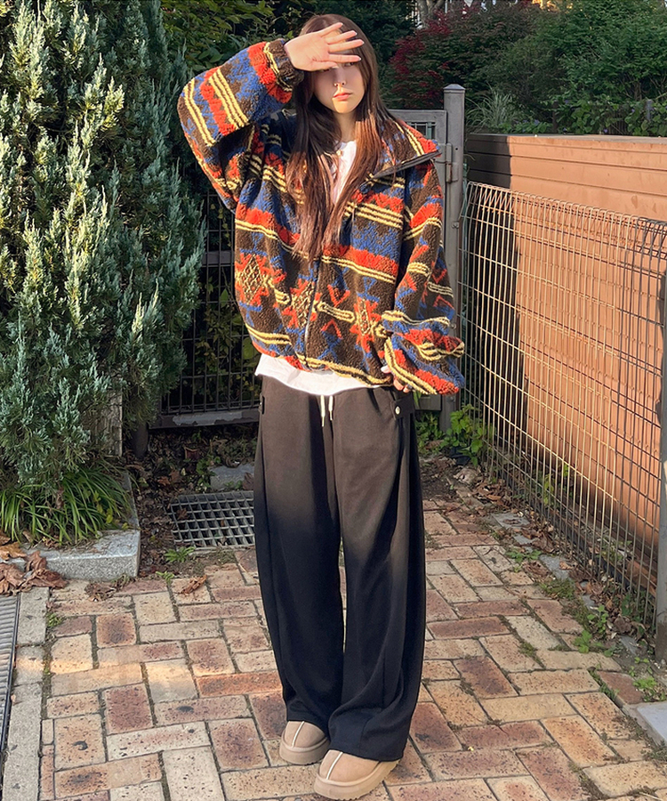 노르딕 후리스 오버핏 벌룬 패턴 스트링 후드 집업