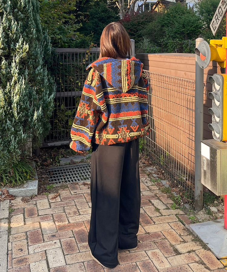 노르딕 후리스 오버핏 벌룬 패턴 스트링 후드 집업